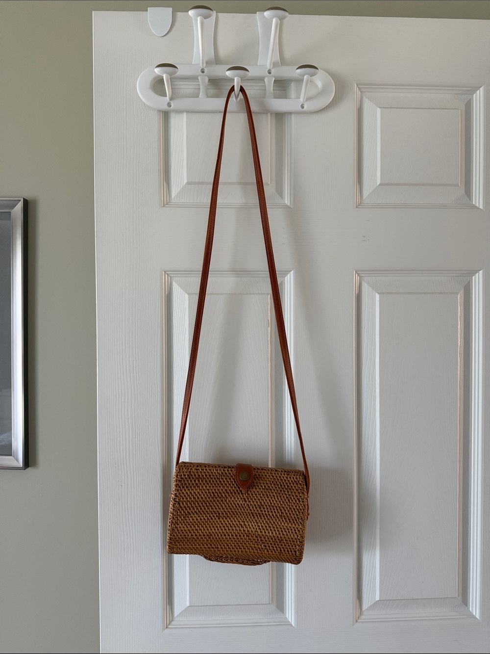 Anthropologie Woven Straw Crossbody Bag with Brown Leather Strap